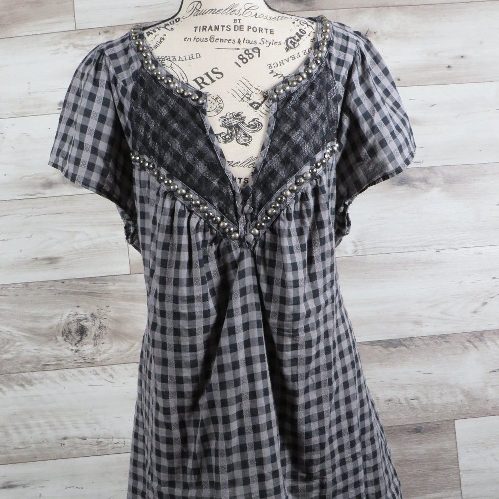 Faith 21*Women's Short Sleeve Pullover Split V-Neck‎ Studded Tie Back Waist~ XL